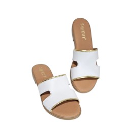 Sandalia Plana Mujer Piel Blanco Oro
