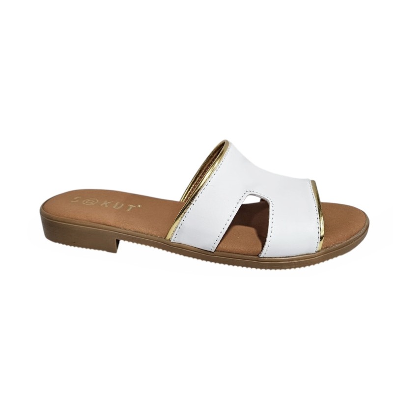 Sandalia Plana Mujer Piel Blanco Oro