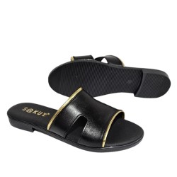 Sandalia Plana Mujer Piel Negro Oro