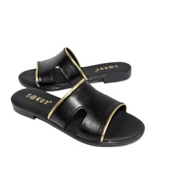 Sandalia Plana Mujer Piel Negro Oro