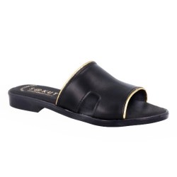 Sandalia Plana Mujer Piel Negro Oro