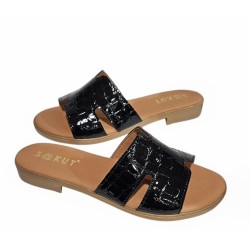 Sandalia Plana Mujer Piel Negro Coco