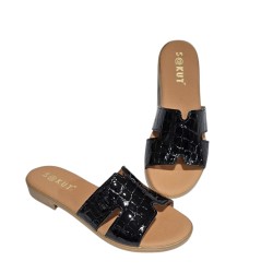 Sandalia Plana Mujer Piel Negro Coco