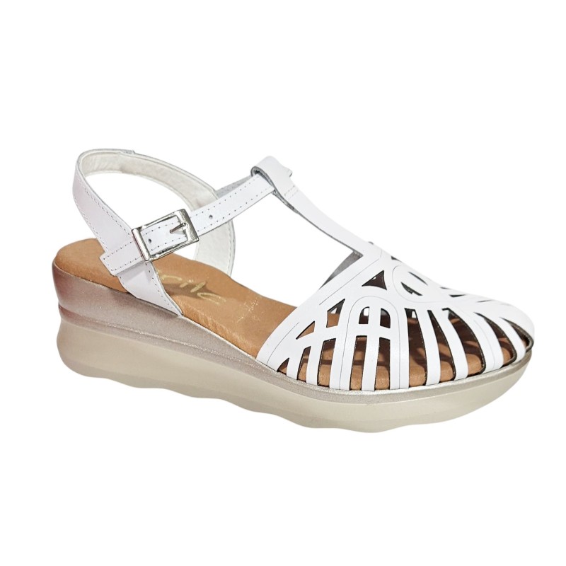MARILA. Sandalia Cuña Confort Piel Blanca