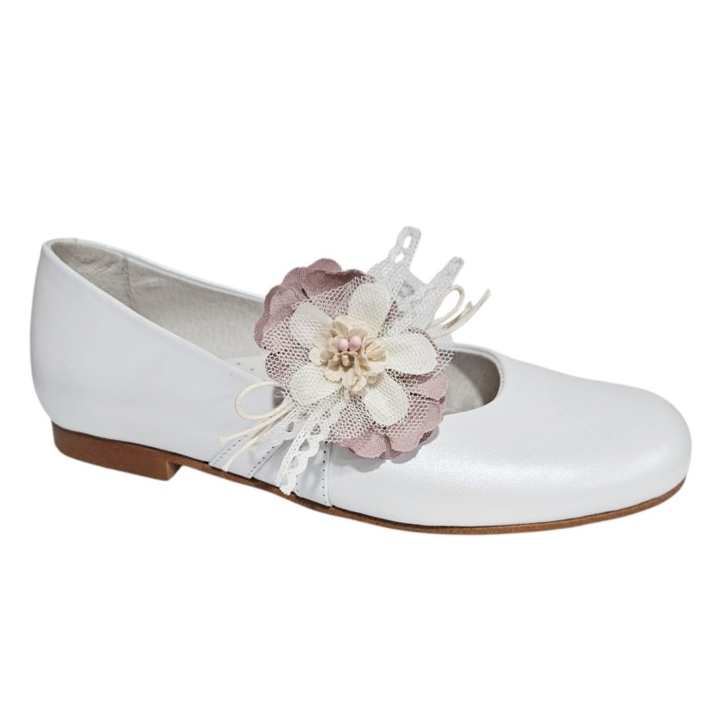 Zapato Comunión Niña Piel Blanco "Adorno Floral"