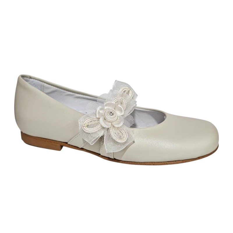 Zapato Comunión Niña Piel Beig "Adorno Floral"