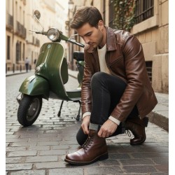 Bota Piel Camel Moda Joven Con Cremallera