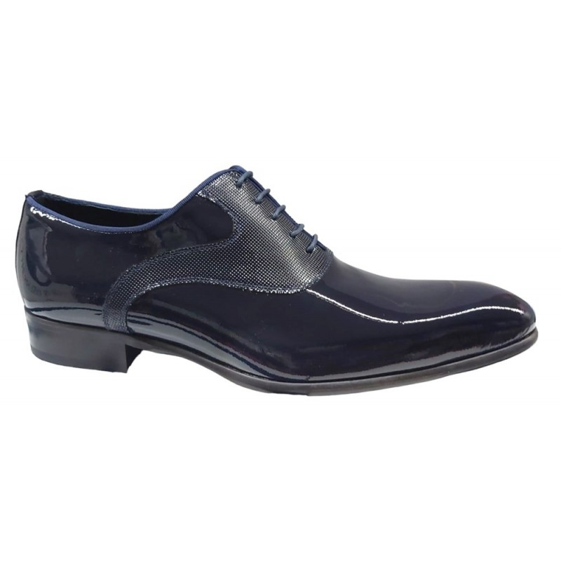 Zapato Novio Piel Charol Azul y Suela de Cuero. JR Almansa