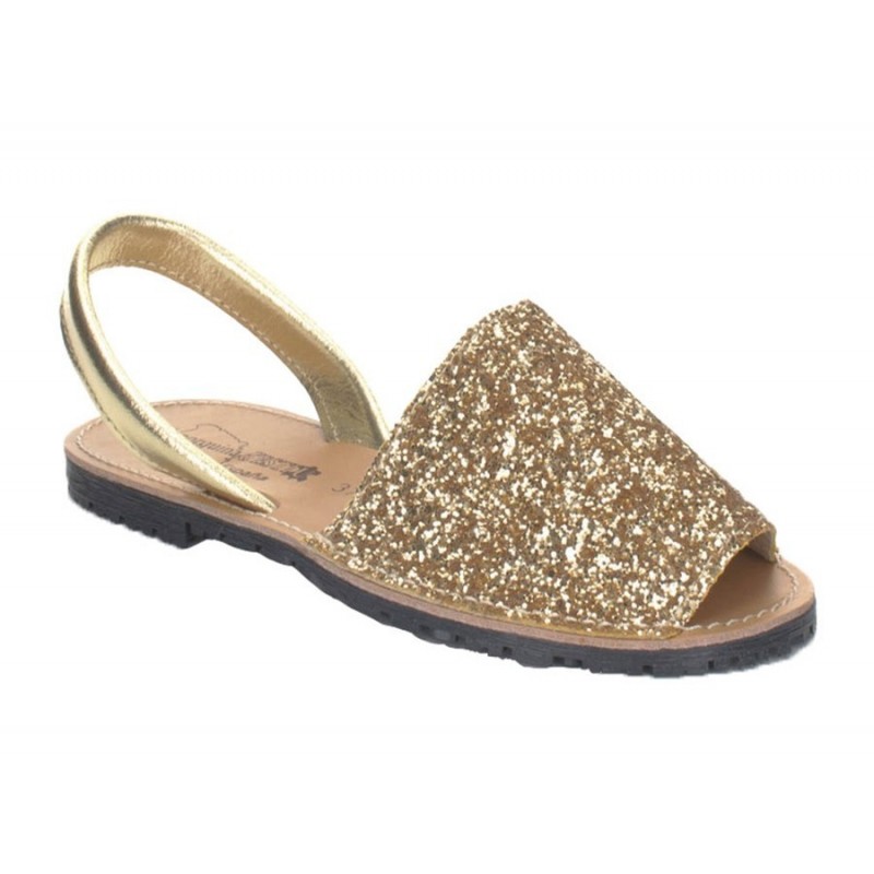 Menorquina-Abarca Mujer Piel Glitter Platino.