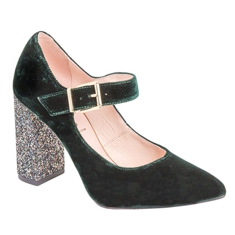Zapato Mujer Terciopelo Verde Con Tacón Glitter. Alarcón.n.