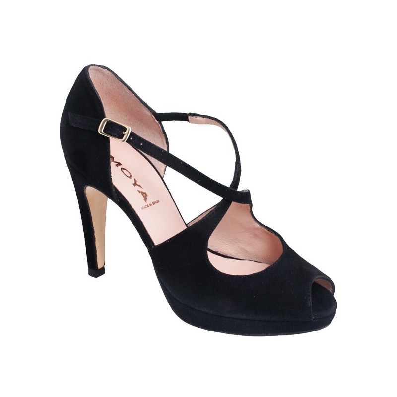 Zapato Mujer Elegante Piel Negro Tacón y Plataforma. Alarcón.